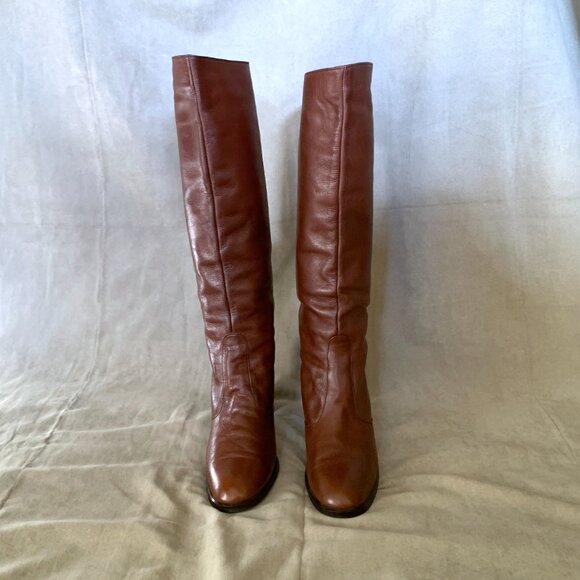 VINTAGE 1970s Sophisticates Brown Heeled Knee High Boots Women's Size 7 Pull On - Picture 4 of 10